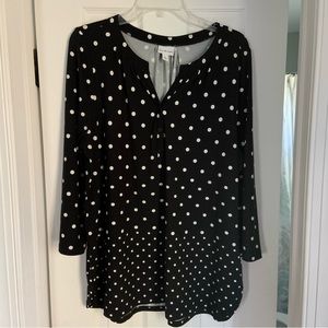 Kim Rogers Women's Blouse Henley V Neck Black-White Polka Dot Tunic Top Sz Large